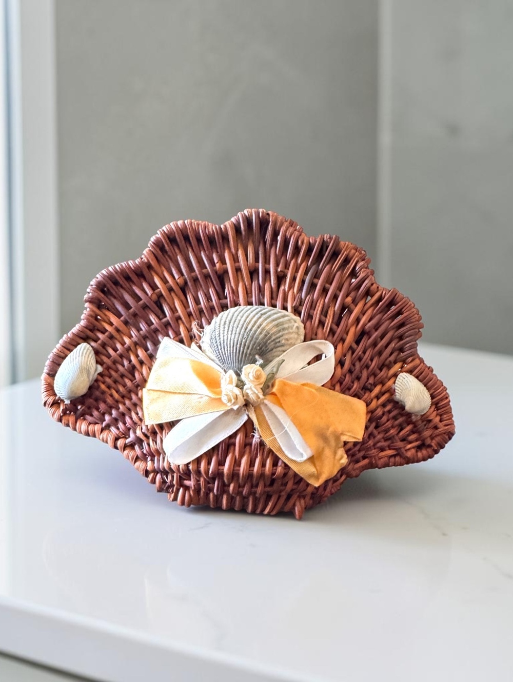 Vintage Mid-Century Woven Rattan Shell-Shaped Basket with Seashell and Ribbon